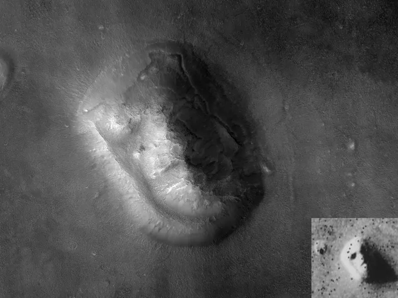 A sharp black and white picture of a rounded, eroded hill, with a small grainy inset where the same hill looks like a face