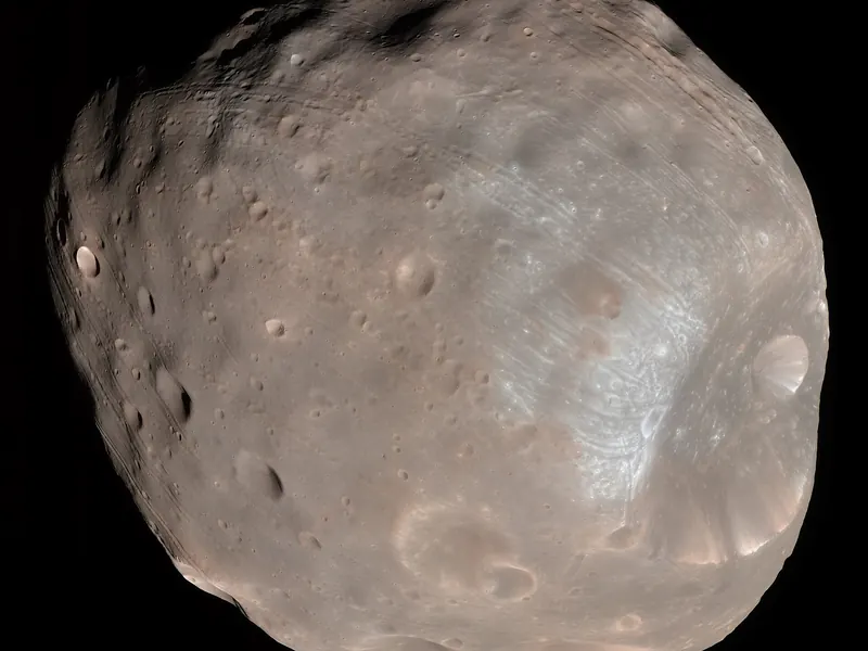 A grey, potato-shaped moon covered in craters, with one very large crater